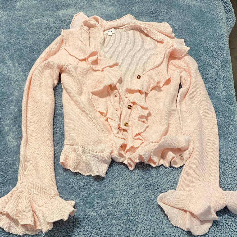 LPA Pale Pink Ruffle Cardigan Sweater